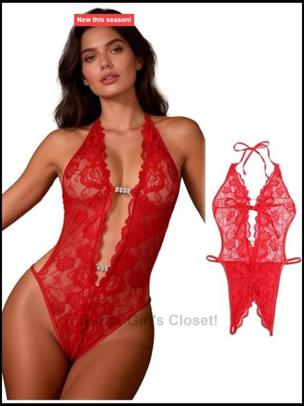 Halter Lace Teddy Lingerie Deep V Neck Mesh Bodysuit